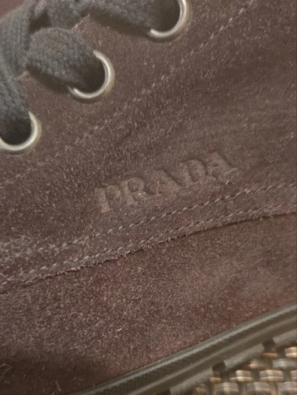 Prada Men's Dark Brown Suede Lace-Up Ankle Boots with Black Laces